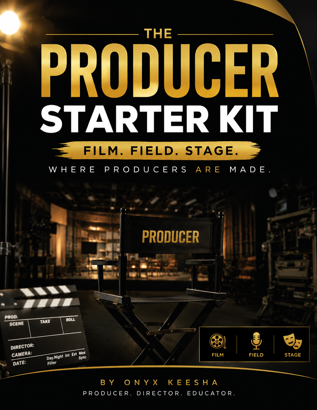 The Producer Starter Kit workbook cover featuring a director's chair on a cinematic film set